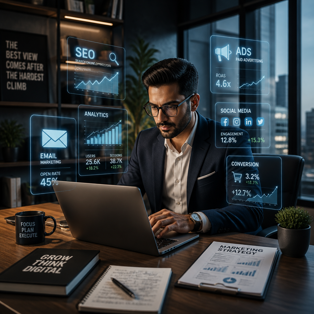 Digital marketing professional analysing SEO, social media, email marketing, paid advertising and website analytics to improve online business growth.